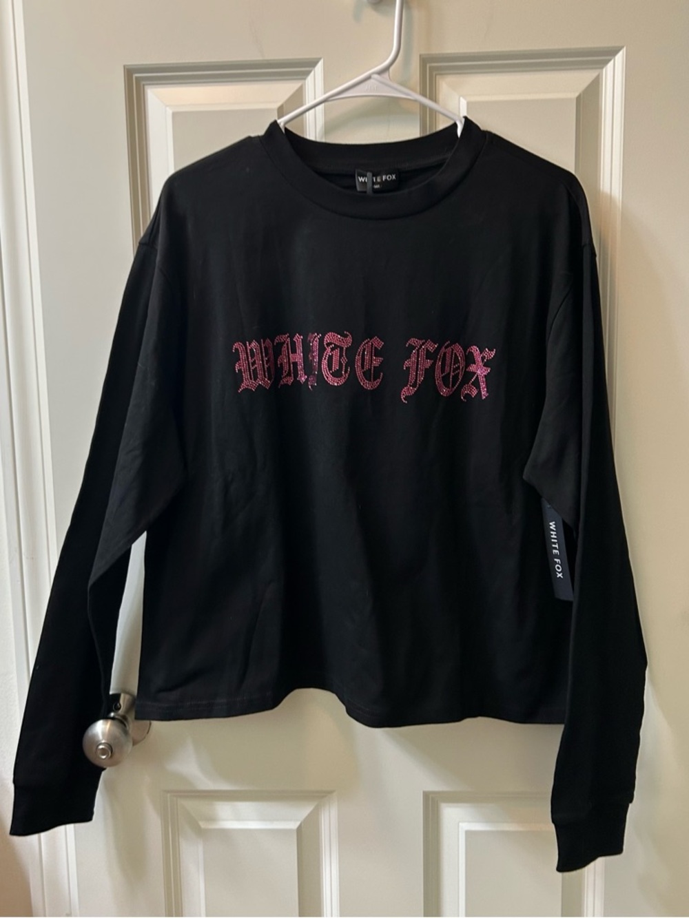 White Fox Boutique Black Long Sleeve Tee with Pink Logo